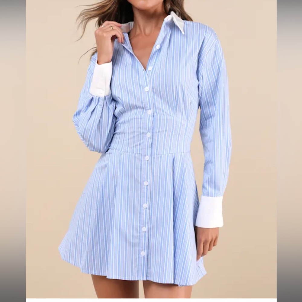 Striped Shirt Dress with Contrast Cuffs - Light Blue